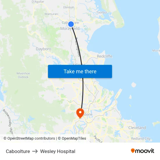 Caboolture to Wesley Hospital map