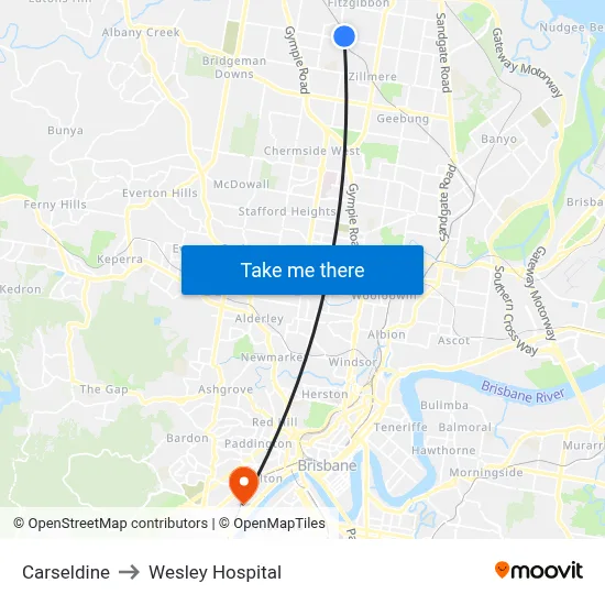 Carseldine to Wesley Hospital map