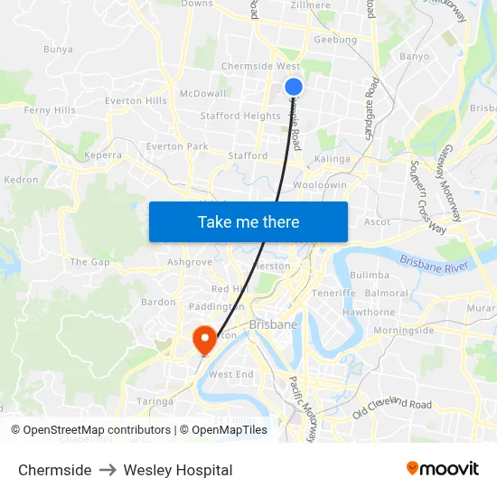 Chermside to Wesley Hospital map