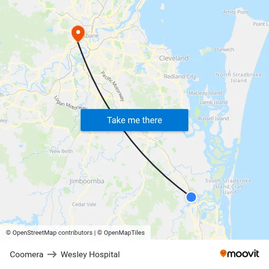 Coomera to Wesley Hospital map