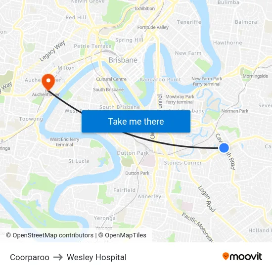 Coorparoo to Wesley Hospital map