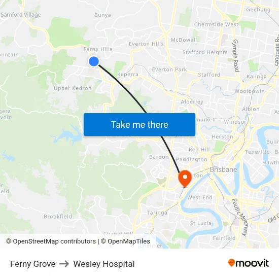 Ferny Grove to Wesley Hospital map