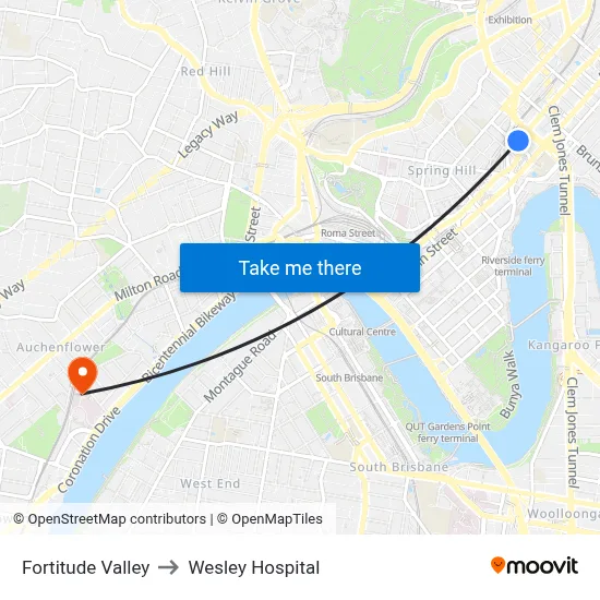 Fortitude Valley to Wesley Hospital map