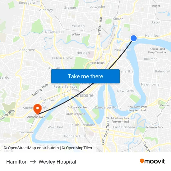 Hamilton to Wesley Hospital map