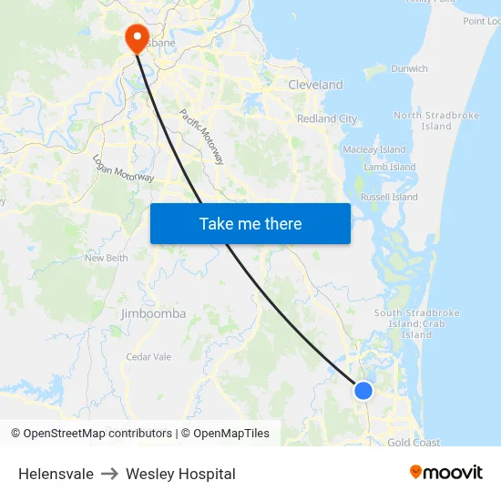 Helensvale to Wesley Hospital map