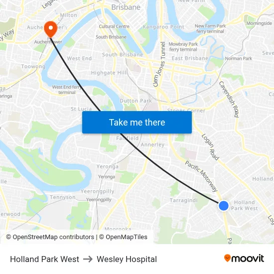 Holland Park West to Wesley Hospital map