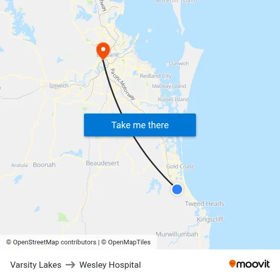 Varsity Lakes to Wesley Hospital map