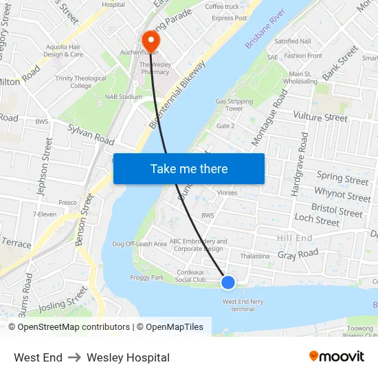 West End to Wesley Hospital map