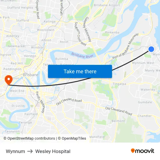 Wynnum to Wesley Hospital map