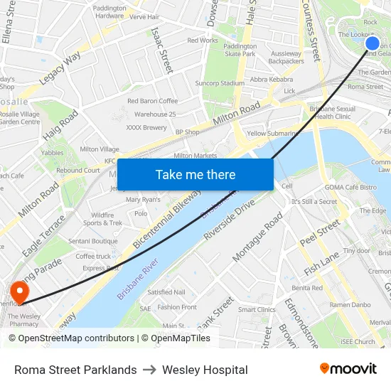 Roma Street Parklands to Wesley Hospital map