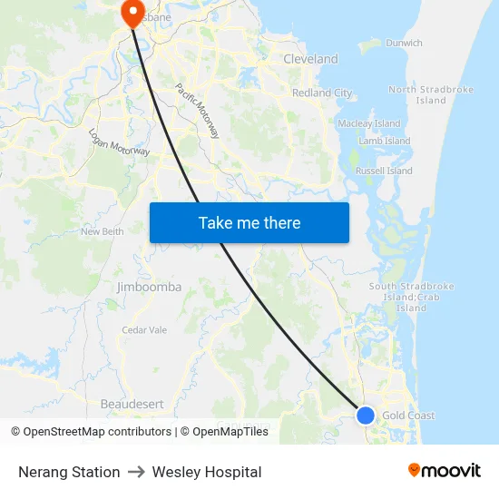 Nerang Station to Wesley Hospital map