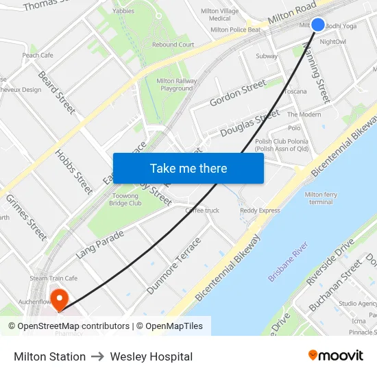Milton Station to Wesley Hospital map