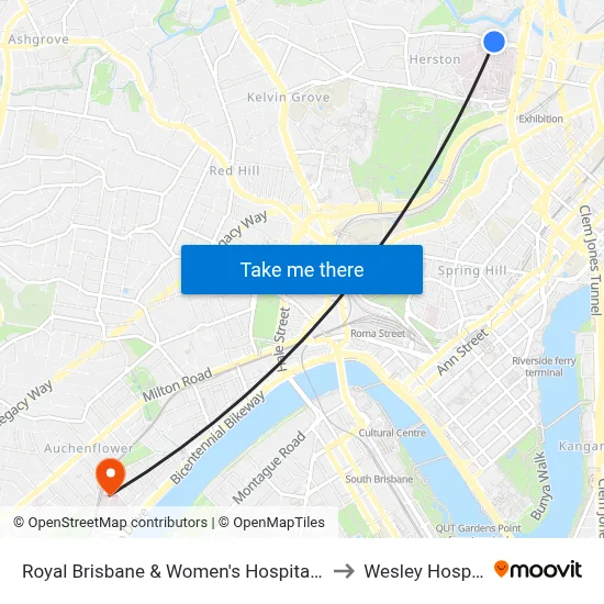 Royal Brisbane & Women's Hospital A&E to Wesley Hospital map