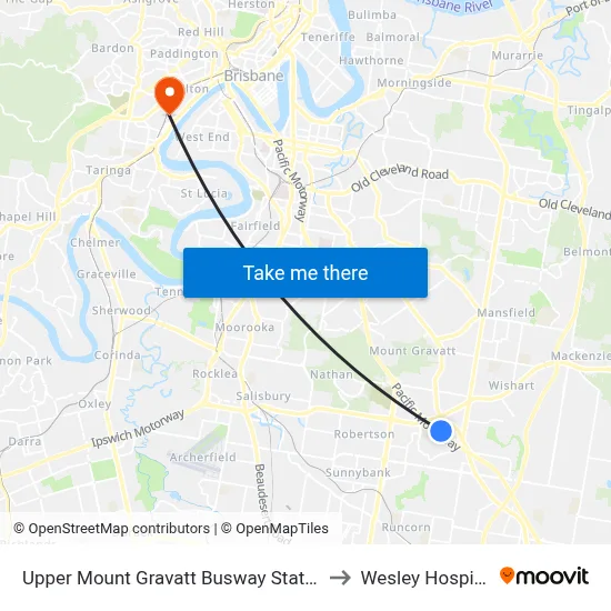 Upper Mount Gravatt Busway Station to Wesley Hospital map