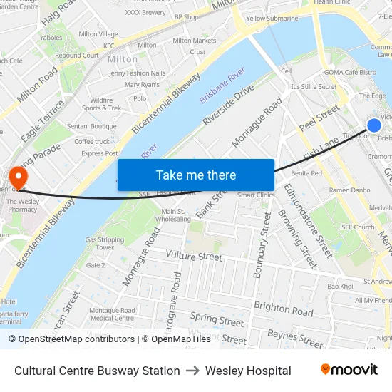 Cultural Centre Busway Station to Wesley Hospital map