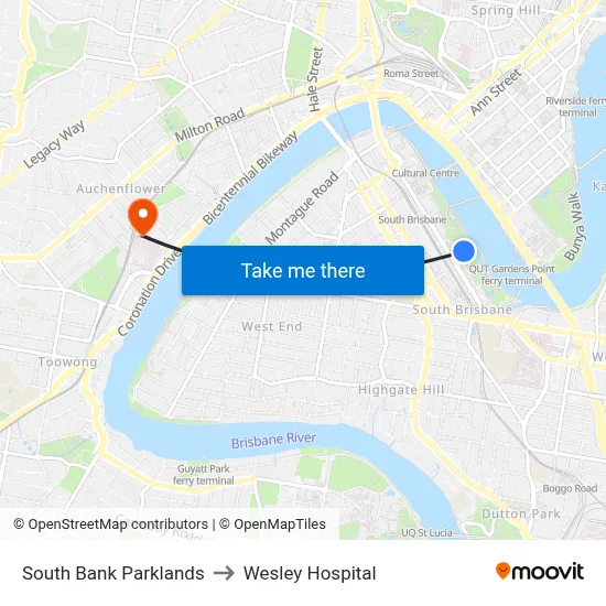 South Bank Parklands to Wesley Hospital map