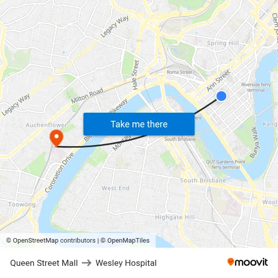 Queen Street Mall to Wesley Hospital map