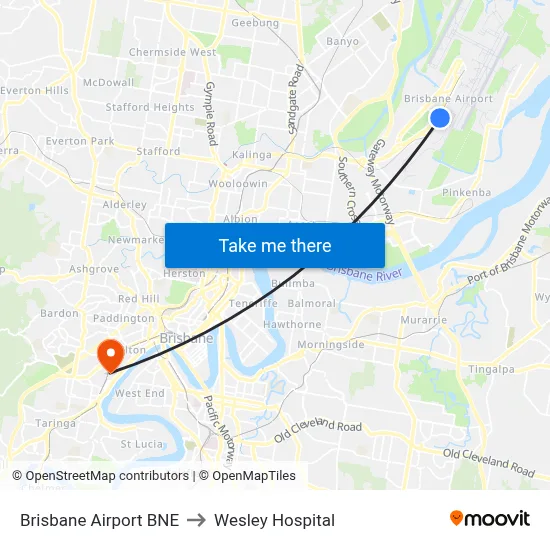 Brisbane Airport BNE to Wesley Hospital map
