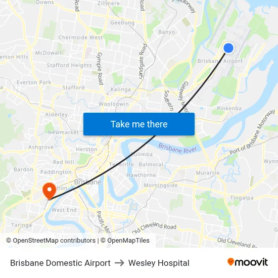 Brisbane Domestic Airport to Wesley Hospital map
