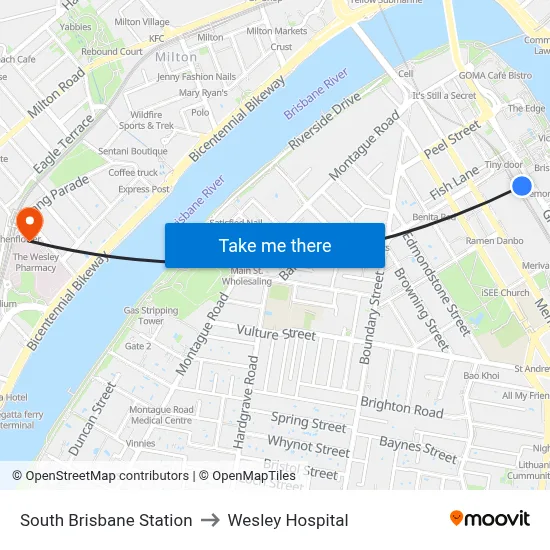 South Brisbane Station to Wesley Hospital map