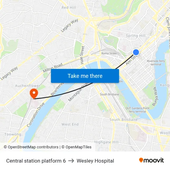 Central station platform 6 to Wesley Hospital map