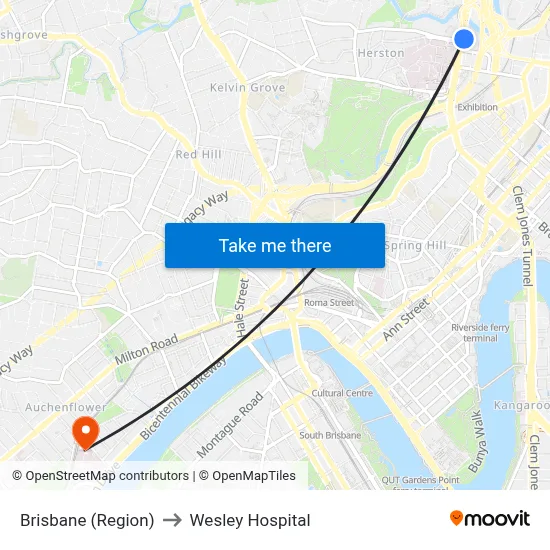 Brisbane (Region) to Wesley Hospital map