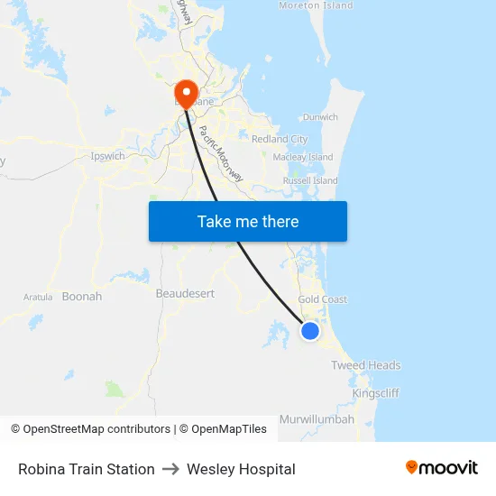 Robina Train Station to Wesley Hospital map