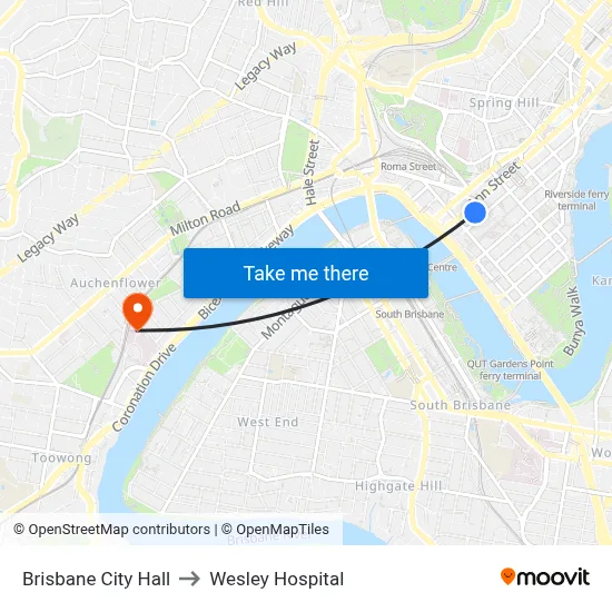 Brisbane City Hall to Wesley Hospital map