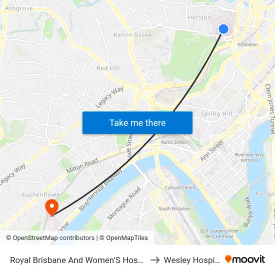 Royal Brisbane And Women’S Hospital to Wesley Hospital map