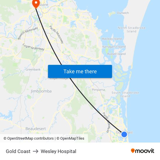 Gold Coast to Wesley Hospital map