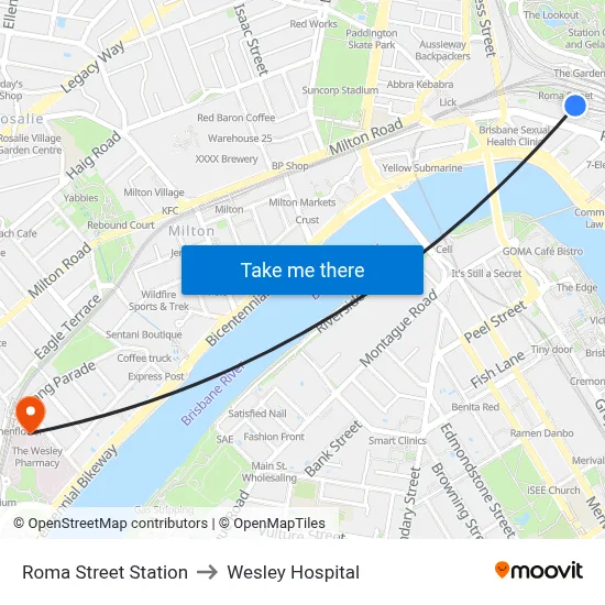Roma Street Station to Wesley Hospital map