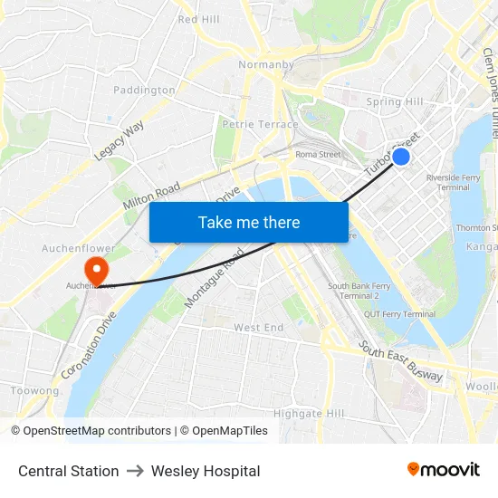 Central Station to Wesley Hospital map
