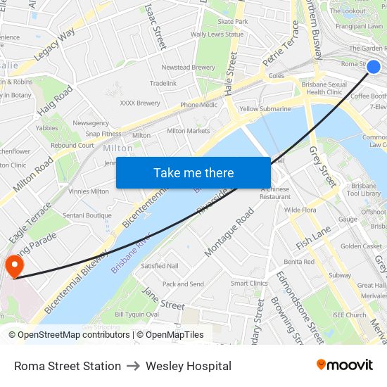 Roma Street Station to Wesley Hospital map