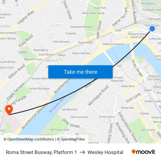 Roma Street Busway, Platform 1 to Wesley Hospital map