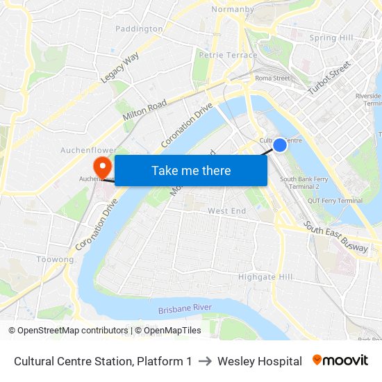 Cultural Centre Station, Platform 1 to Wesley Hospital map