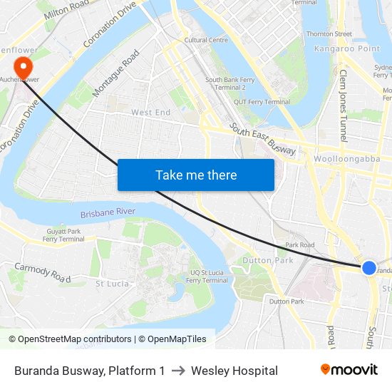 Buranda Busway, Platform 1 to Wesley Hospital map