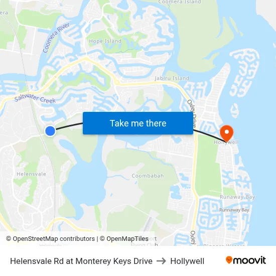 Helensvale Rd at Monterey Keys Drive to Hollywell map