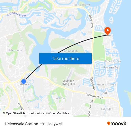 Helensvale Station to Hollywell map