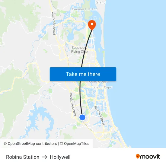 Robina Station to Hollywell map