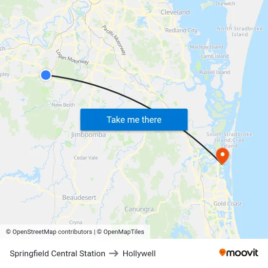 Springfield Central Station to Hollywell map