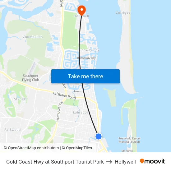 Gold Coast Hwy at Southport Tourist Park to Hollywell map