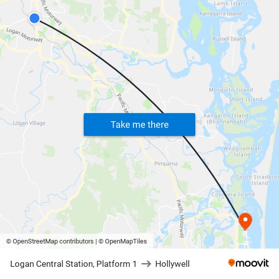 Logan Central Station, Platform 1 to Hollywell map