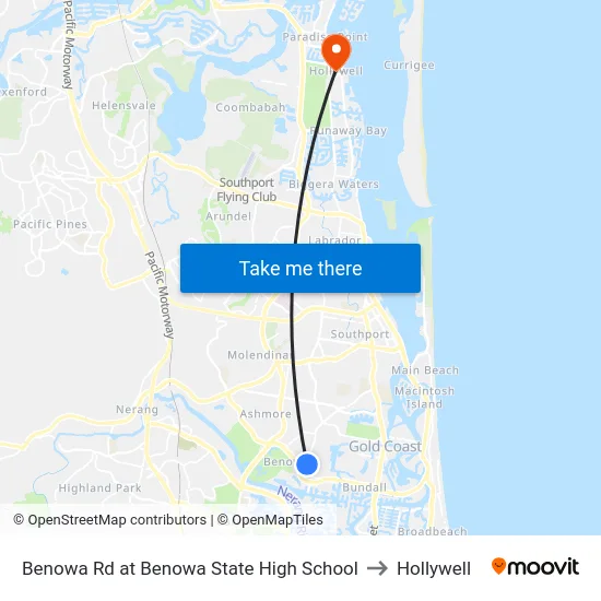 Benowa Rd at Benowa State High School to Hollywell map