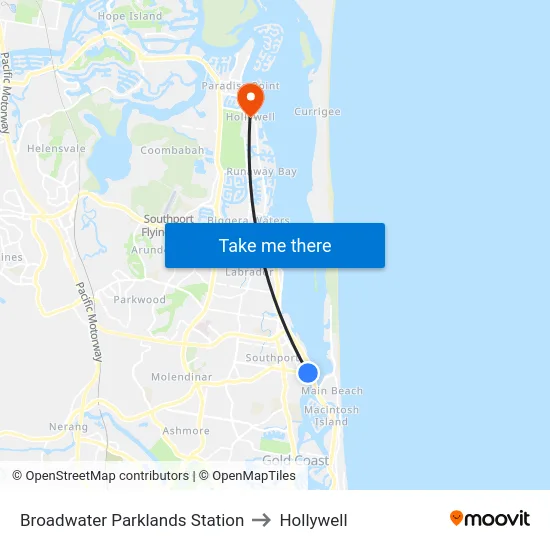 Broadwater Parklands Station to Hollywell map
