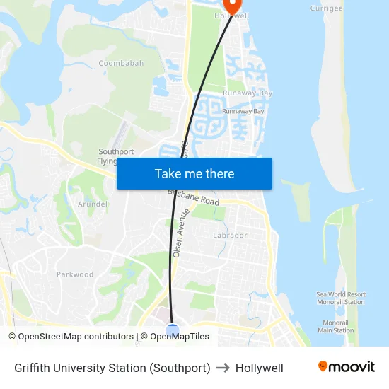 Griffith University Station (Southport) to Hollywell map