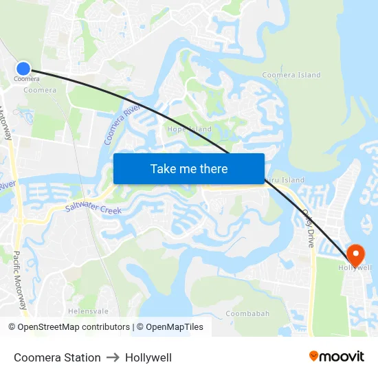 Coomera Station to Hollywell map