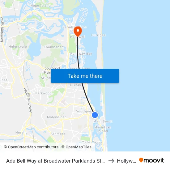 Ada Bell Way at Broadwater Parklands Station to Hollywell map