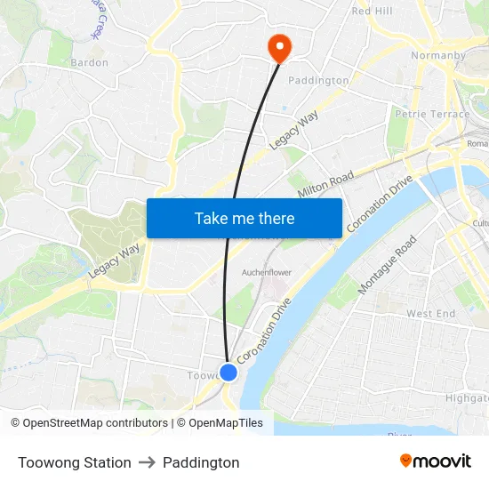 Toowong Station to Paddington map