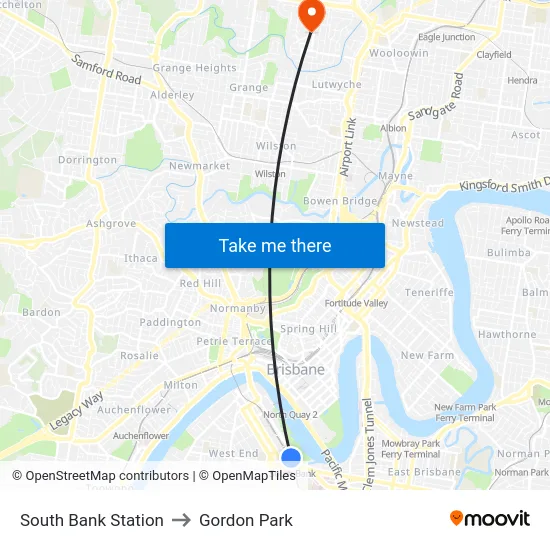 South Bank Station to Gordon Park map
