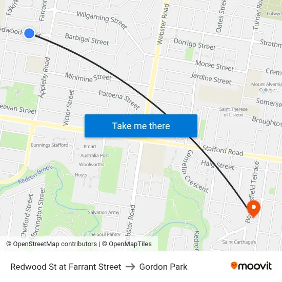 Redwood St at Farrant Street to Gordon Park map